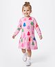 Bonfino 100% Cotton French Terry Full Sleeves Oversized Drop Waist Sweatshirt Dress with Tree Print - Pink