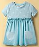 CUCUMBER Interlock Knit Half Sleeves Frock With Stripes & Star Print Frill Detailing & Pockets - Light Blue