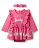 Babyhug 100% Cotton Interlock Knit Full Sleeves Frock Onesie with Floral Print Bow Applique & Headband - Pink