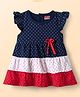 Babyhug 100% Cotton Interlock Knit Frill Sleeves Frock Onesie with Cut & Sew Design Polka Dot Print & Bow Applique - Navy Blue Red & White