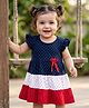 Babyhug 100% Cotton Interlock Knit Frill Sleeves Frock Onesie with Cut & Sew Design Polka Dot Print & Bow Applique - Navy Blue Red & White