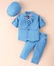 Rikidoos Full Sleeves Checked Blazer With Solid Tee & Coordinating Pant Cap & Attached Bow Set - Light Blue & Melange