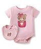 Doodle Poodle 100% Cotton Knit Half  Sleeves Onesie & Bib with Teddy Print - Baby Pink