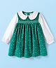 Babyhug Corduroy Knit Full Sleeves Frock with Peter Pan Collar Smock Detailing Polka Dot & Leave Print - Mint & White