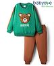 Babyoye 100% Cotton Knit Full Sleeves Winter Wear Sweatshirt & Lounge Pant Set with Bear Patch Detailing & Embroidery - Green