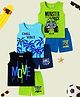 KUCHIPOO Cotton Pack Of 3 Sleeveless Monster Truck & Beach Theme Printed Coordinating Tees & Shorts Set - Black Blue Green & Navy Blue