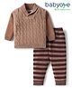 Babyoye Cotton Knit Full Sleeves Collar Neck Pullover Sweater & Pant Set with Cable Knit Design & Stripes - Brown