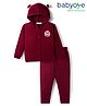 Babyoye Knit Full Sleeves Front Open Sweater Set with Ear Applique & Pacth Detailing - Maroon