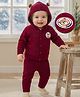 Babyoye Knit Full Sleeves Front Open Sweater Set with Ear Applique & Pacth Detailing - Maroon