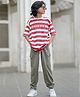 Nap Chief Pure Cotton Half Sleeves Striped & Bonjour Text Printed Oversized Tee & Cargo Joggers Set - Red