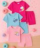 KUCHIPOO Cotton Pack Of 3 Half Sleeves Unicorn & Whale Printed Tees & Shorts Set - Pink Blue & Magenta