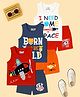 KUCHIPOO Cotton Pack Of 3 Sleeveless Aeroplace & Space Theme Printed Tees & Coordinating Shorts Set - Blue Red White & Orange