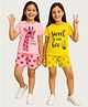 KUCHIPOO Cotton Pack Of 2 Half Sleeves Giraffe & Honey Bee Printed Tees & Shorts Set - Yellow & Pink