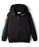 Primo Gino 100% Cotton Drop Shoulder Full Sleeves Front Open Hooded Sweatjacket with Text Print & Kangaroo Pockets - Black
