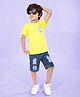 Kiddopanti Cotton Knit Half Sleeves Palm Tree Printed Tee With Mild Distressed Denim Shorts Set - Yellow & Dark Blue