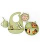 Kids Station 6-Piece Toddler Feeding Essentials - Soft Silicone Dinner Set with Bib, Cat Design Plate, Bowl, Sipper, Spoon & Fork - Travel-Friendly & Durable - Non-Toxic & Reusable - Green
