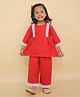 Little Ginnie Cotton Woven Three Fourth Sleeves Floral Embroidered Lace Detailed Kurta Pant Set - Red