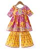 Ridokidz Three Fourth Sleeves Floral Printed & Gota Lace Embellished Kurti Sharara Set - Yellow & Pink