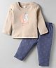 Tango Interlock Knit Full Sleeves Night Suit With Cat & Moon Print - Light Brown