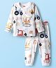 Babyhug Cotton Knit Full Sleeves Co-Ord Night Suit with Vehicle Print - White