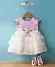 Enfance Cap Sleeves Abstract Printed Stone Embellished Floral & Bow Applique Detailed Knee Length Layered Dress With Headband & Booties Set - Pink
