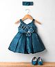Enfance Sleeveless Floral Applique Detailed Lace Embellished Knee Length Dress With Headband & Booties - Peacock Blue