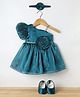 Enfance Sleeveless Floral Applique Detailed Knee Length Dress With Headband & Booties Set - Powder Blue