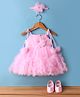 Enfance Sleeveless Floral Applique Detailed & Pearl Embellished Knee Length Dress With Headband & Booties Set - Baby Pink