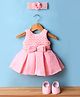 Enfance Sleeveless Bow Applique Detailed & Rhinestones Embellished Knee Length Dress With Headband & Booties Set - Peach