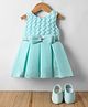 Enfance Sleeveless Bow Applique Textured Pleated Knee Length Dress With Headband & Booties - Sea Green