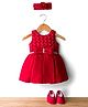 Enfance Sleeveless Rhinestones Embellished Bow Applique Detailed Knee Length Corsage Dress With Headband & Booties Set - Cherry