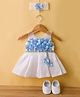 Enfance Sleeveless Floral Applique Detailed Knee Length Pleated Dress With Headband & Booties Set - Peacock Blue