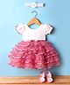 Enfance Half Puffed Sleeves Schiffli Embroidered & Bow Applique Detailed Layered Knee Length Dress WIth Headband & Booties Set - Onion Pink