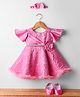Enfance Flared Sleeves Textured Flower Applique Dress With Headband & Booties - Onion Pink