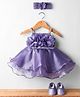 Enfance Sleeveless Floral Applique Detailed Knee Length Layered Dress With Headband & Booties - Purple