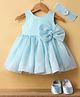 Enfance Sleeveless Bow Applique Detailed & Textured Knee Length Dress With Headband & Booties - Sky Blue