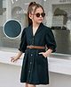 Hola Bonita Knit Half Sleeves Solid Shawl Collar Shirt Dress With Belt - Dark Green