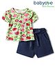 Babyoye Cotton Lycra Half Sleeves Floral Printed Top With Frill Detailing & Short With Belt Set - Green & Navy Blue