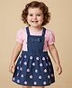 Babyoye Cotton Lycra Knit Half Sleeves Pinafore Frock with Inner Tee & Floral Embroidery - Pink & Navy Blue