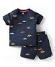 Pink Rabbit Single Jersey Knit Half Sleeves Shorts Co-ords Night Suit With Vehicle Print - Navy Blue