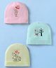 Pink Rabbit Single Jersey Knit Baby Caps with Animal Print Pack of 3 Light Blue Pink & Light Green - Diameter 10.5 cm