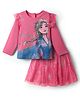 Babyhug Disney Single Jersey Knit Full Sleeves Top and Skirt with Disney Princess Graphic Mesh and Frills Detailing - Dark Pink
