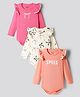 Bonfino 100% Cotton Knit Rib Fabric Full Sleeves Onesies with Bow Print & Frill Detailing Pack of 3 - Peach Pink & Ivory