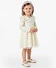 Bonfino 100% Cotton Rib Full Sleeves Dress with Mesh Floral Print & Frill Detailing - Ivory