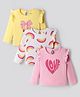 Bonfino 100% Cotton Knit Full Sleeves T-Shirts with Heart & Rainbow Print and Frill Detailing Pack of 3 - Yellow Pink & White