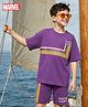 Pine Kids Marvel Single Jersey Knit Drop Shoulder Half Sleeves Oversized T-Shirt & Shorts Set With Avengers Graphics - Purple