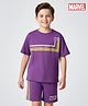 Pine Kids Marvel Single Jersey Knit Drop Shoulder Half Sleeves Oversized T-Shirt & Shorts Set With Avengers Graphics - Purple
