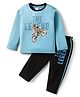 Taeko Single Jersey Knit Full Sleeves T-Shirt & Pant Set With Text Print - Light Blue & Black