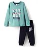 Taeko Single Jersey Knit Full Sleeves T-Shirt and Lounge Pants Set with Fly Text Print - Teal Blue & Navy Blue