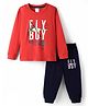 Taeko Single Jersey Knit Full Sleeves T-Shirt and Lounge Pants Set with Fly Text Print - Red & Navy Blue